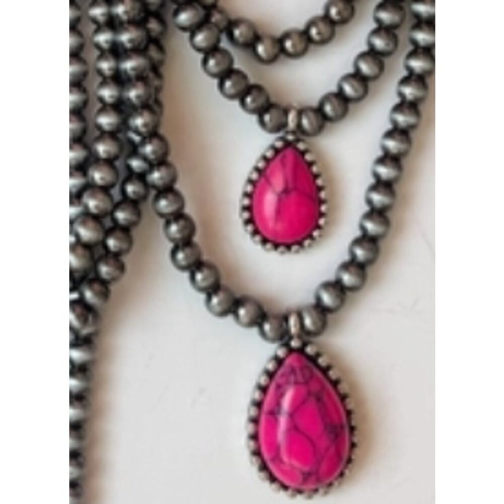 Navajo Bead Teardrop Stone Necklace Fuchsia Multi-Layer